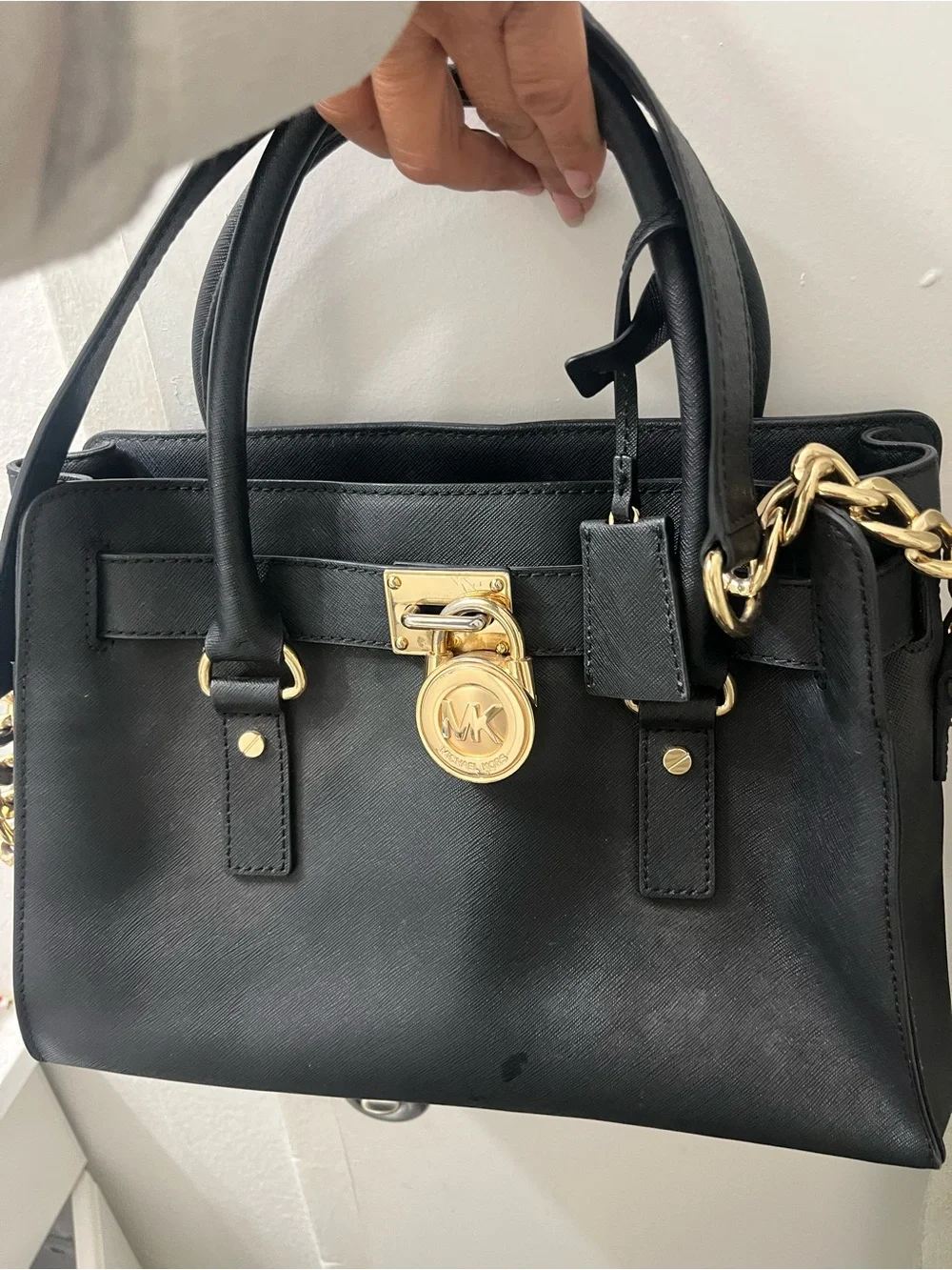 Michael Kors Black Leather Satchel with Gold Chain Accent
